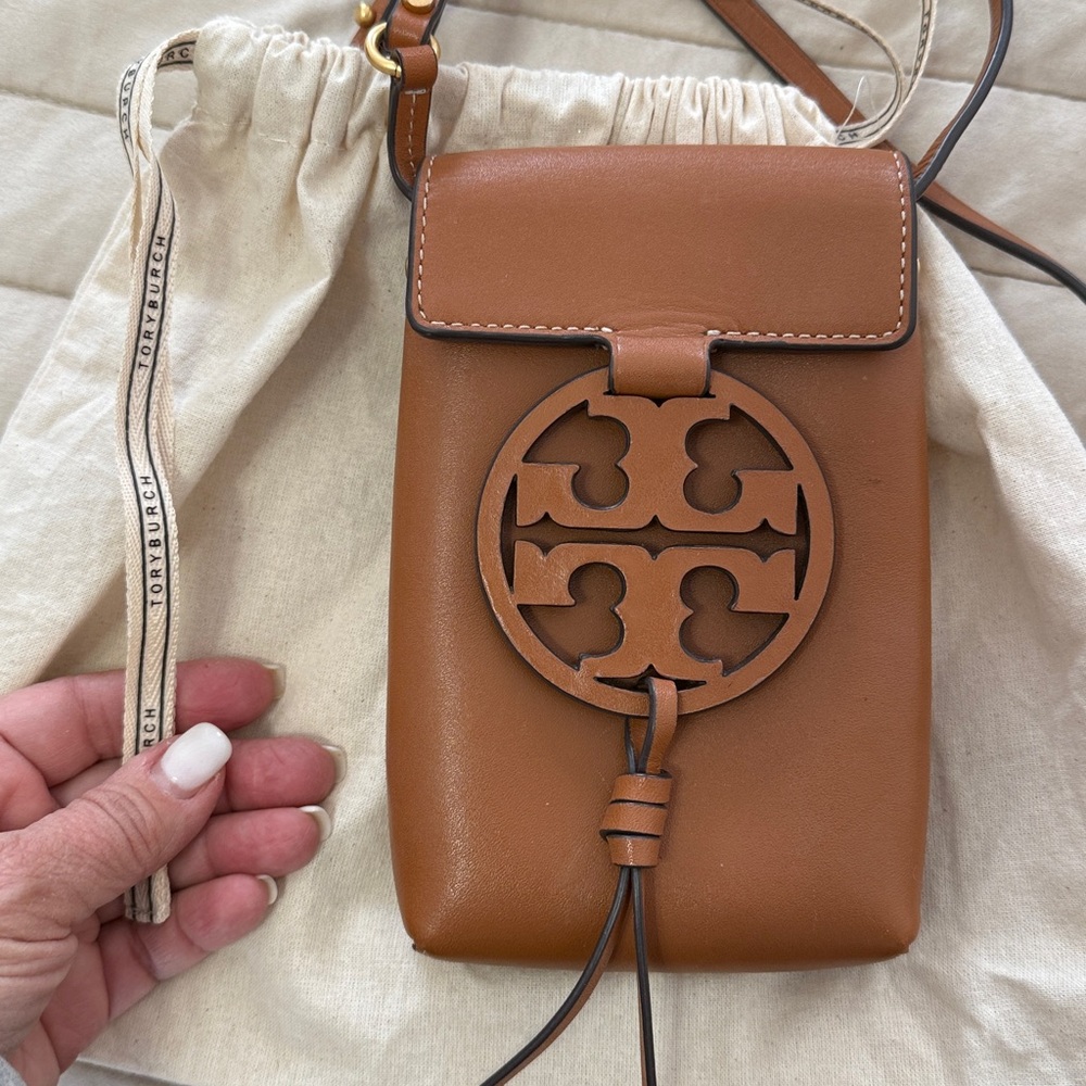 Tory Burch Saddle Brown Leather Logo Cutout Crossbody
